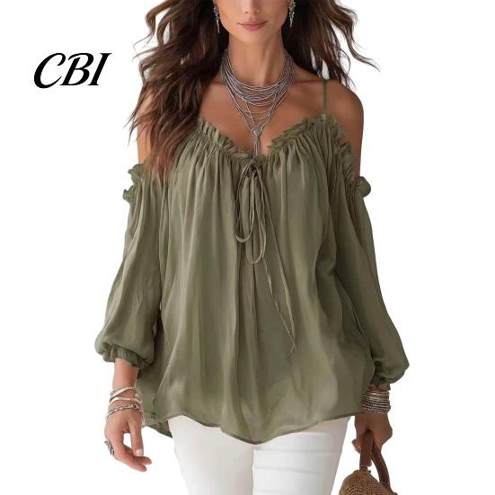 Top Comodi Taglio Ampio Top da Donna, Camicia a Maniche Lunghe Puff, Pullover Sling Senza Spalle Camicia Casual Leggera Blusa Monocolore per