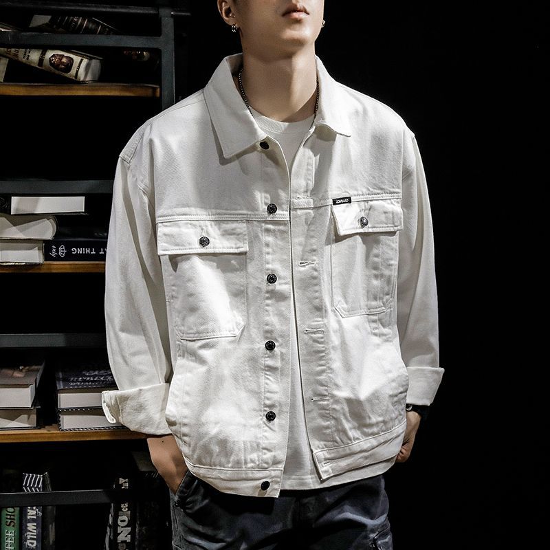 Spring Denim Jacket Men s Loose Tooling Pilot Denim Jacket L белый