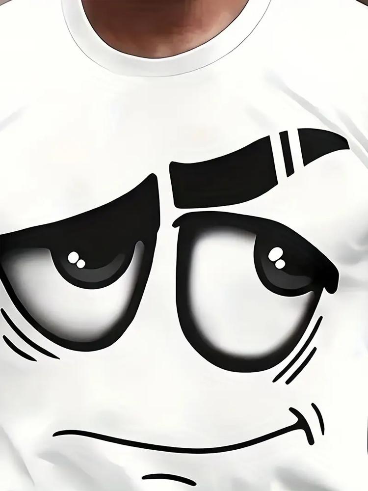 Men's Casual 3D Printed T-Shirt White "Sad Face" Graphic Short Sleeve Round Neck Breathable Polyester