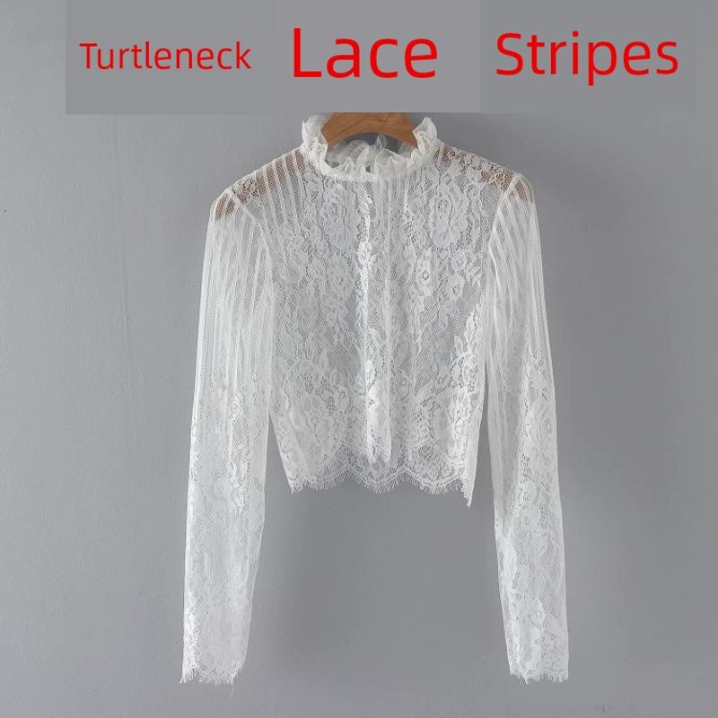 

Tulle Lace Long Sleeves T-shirt Fall and Winter New Short High Waist Hollow-out Elegant Short Top Turtleneck Ruffled Bottoming Shirt T White L