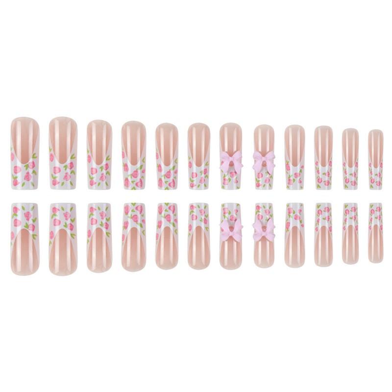 Long Water Drop Shape Pink Floral Press-On Nails With White French Tip Sweet Ins Style Fake Women