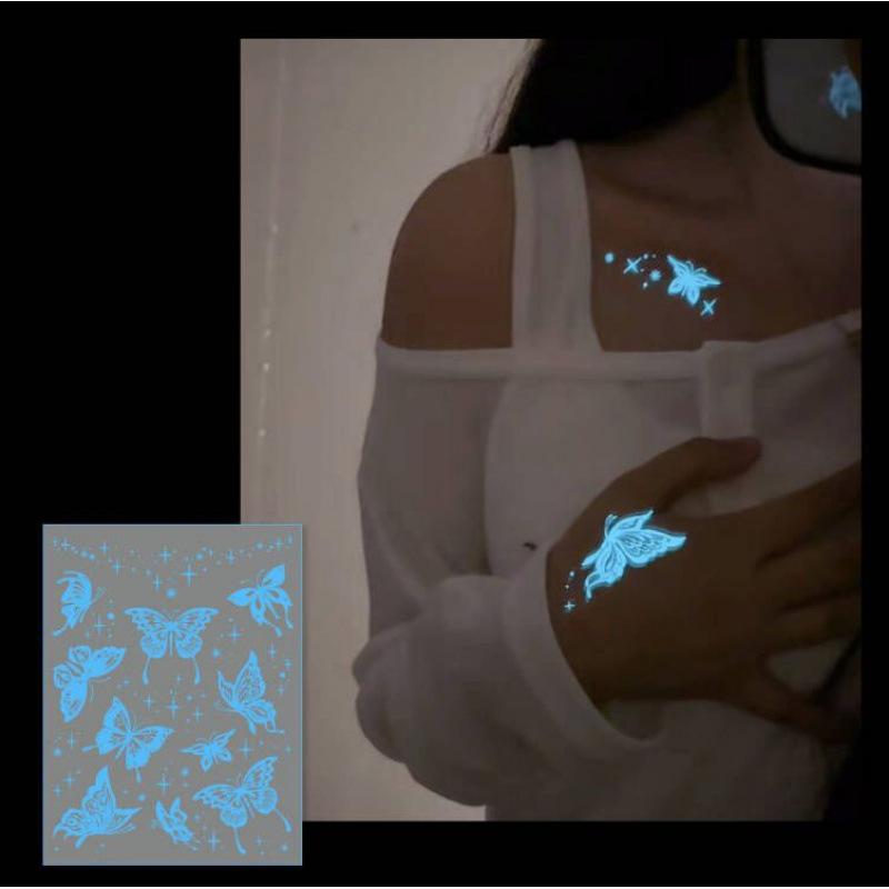 1/6 Sheets Blue Luminous Glow Tattoo Sticker Waterproof Temporary Finger Wrist Body Art False Butterfly Tattoo