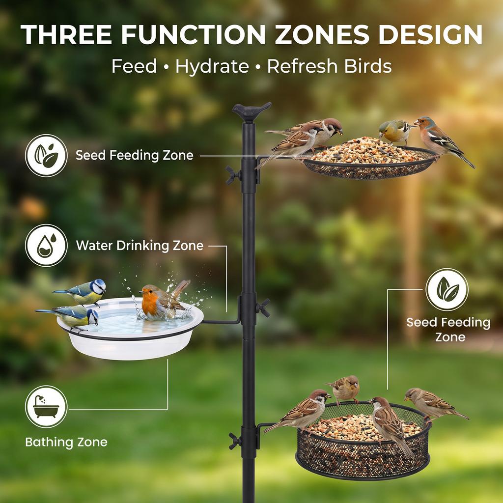 2/3 Layer Deck Bird Feeder Stand Hanging Bird Bath with Adjustable Clamp Fence Mounted Bird Feeder for Outdoor Garden Decoration