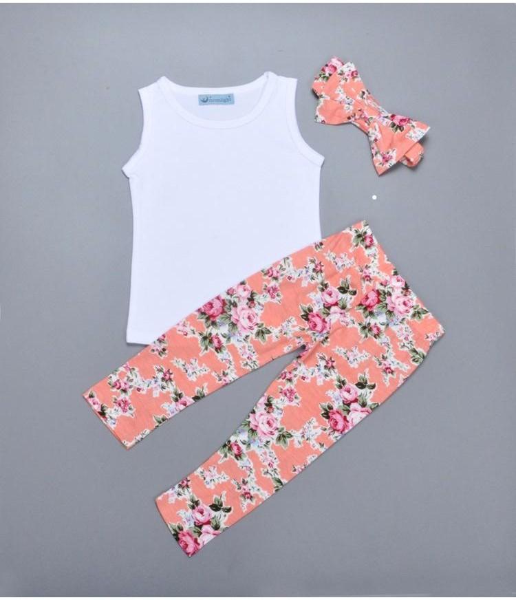 Adorable Toddler Girls Kids Floral Tops Pants Trousers Headband 3pcs Outfits Set Clothes
