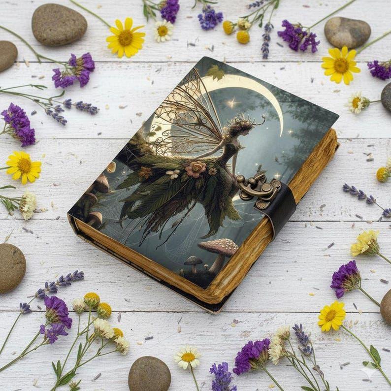Handmade Fairy Leather Grimoire – Book of Shadows with Lock, Witchcraft Journal, Spell Book, Wiccan Notebook, Pagan Diary Magic Journal Gift