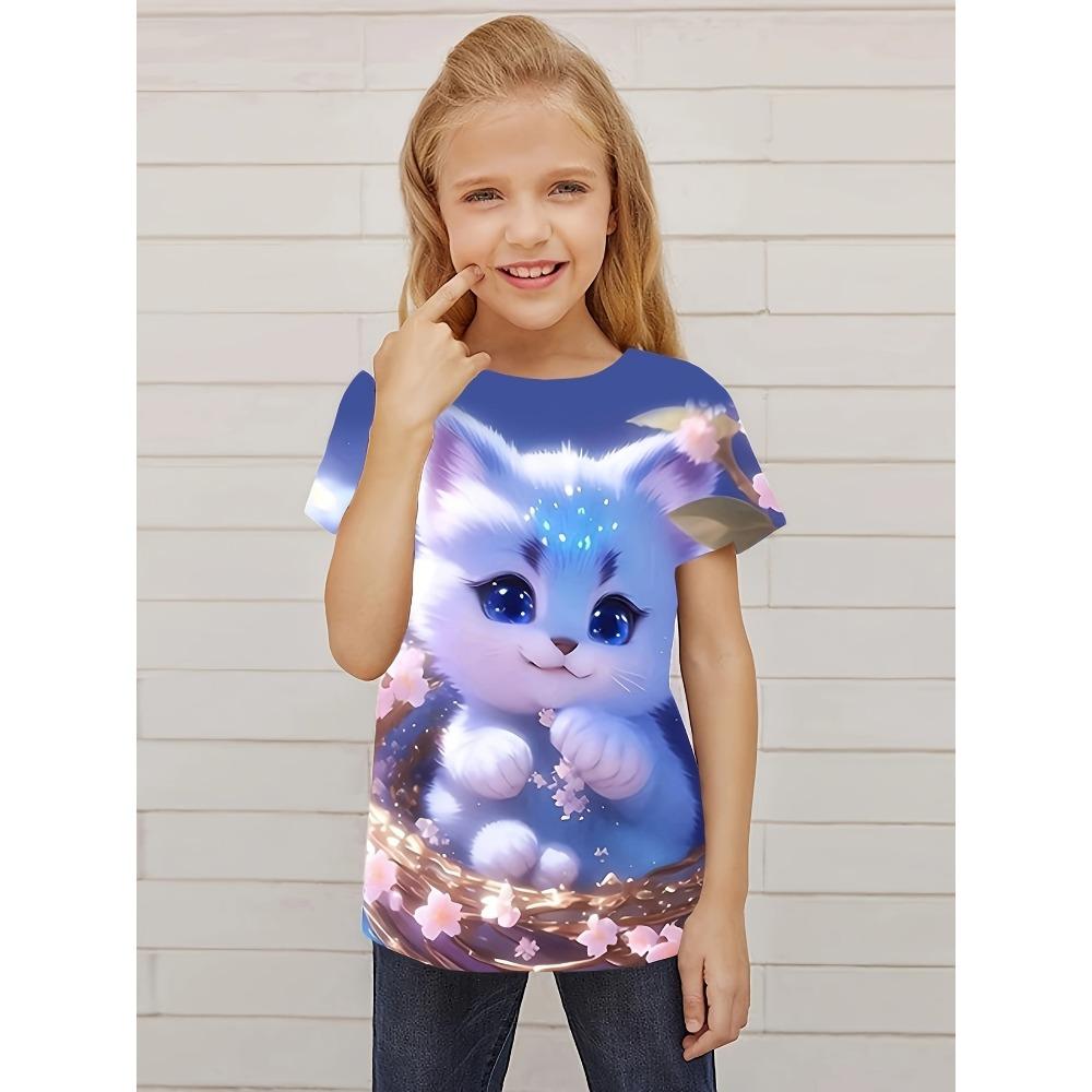 

Children s clothing, girls T-shirt, 3D kitten top, children s summer clothing, fashionable girls clothing, round neck top, girls T-shirt 140