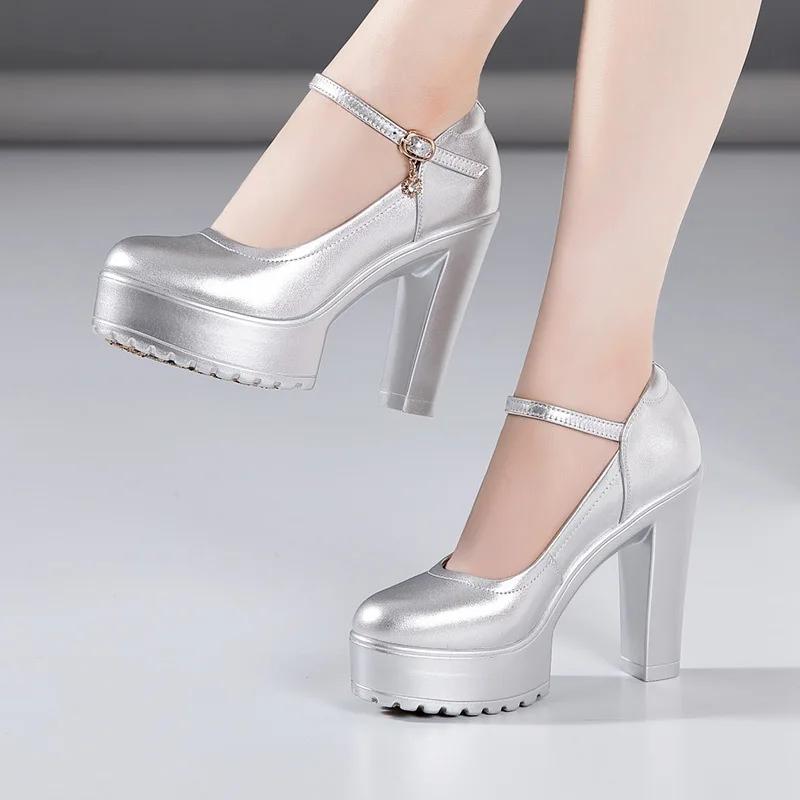 

Маленький размер 32-43 Офисная модель Туфли из натуральной кожи на невысоком блочном каблуке и платформе 2025 Серебристые свадебные туфли для невесты 38