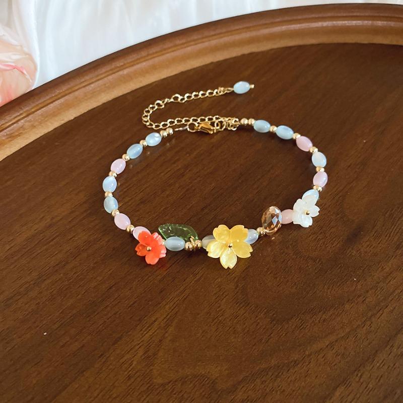 Summer Limited~ Crystal Stone Beaded Resin Flower Bracelet Necklace Ear Hook Set Dopamine Sweet Jewelry
