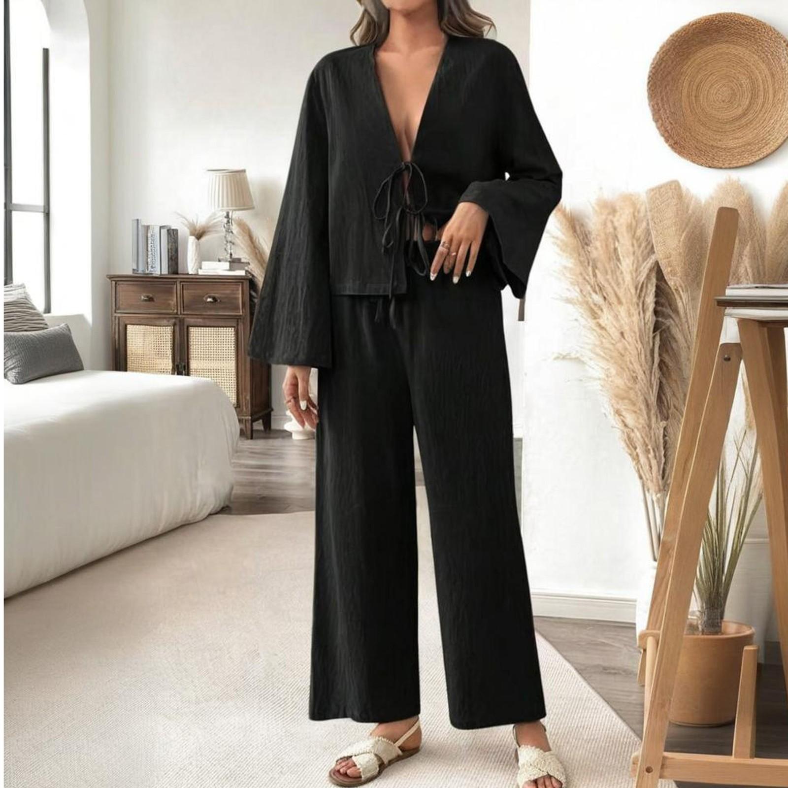 

Женский модный повседневный топ с длинными рукавами на шнуровке и комплект брюк с карманами и эластичной талией L чёрный