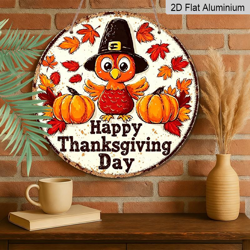 2D Flat, 1pc Vintage Thanksgiving Aluminum Metal Wall Decor - Happy Thanksgiving Day Sign with Red Turkey, Pumpkins & Fall Leaves, Retro Farmhouse