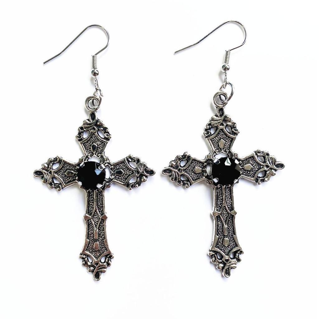 Popular Oversized Rhinestone Cross Earrings - Silver Tone Gothic Punk Fashion