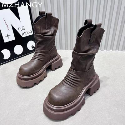 Women Platform Ankle Boots Mid Heels Leather Pleated Shoes Woman 2024 Trend Snow Boots New Goth Winter Motorcycle Boots Mujer