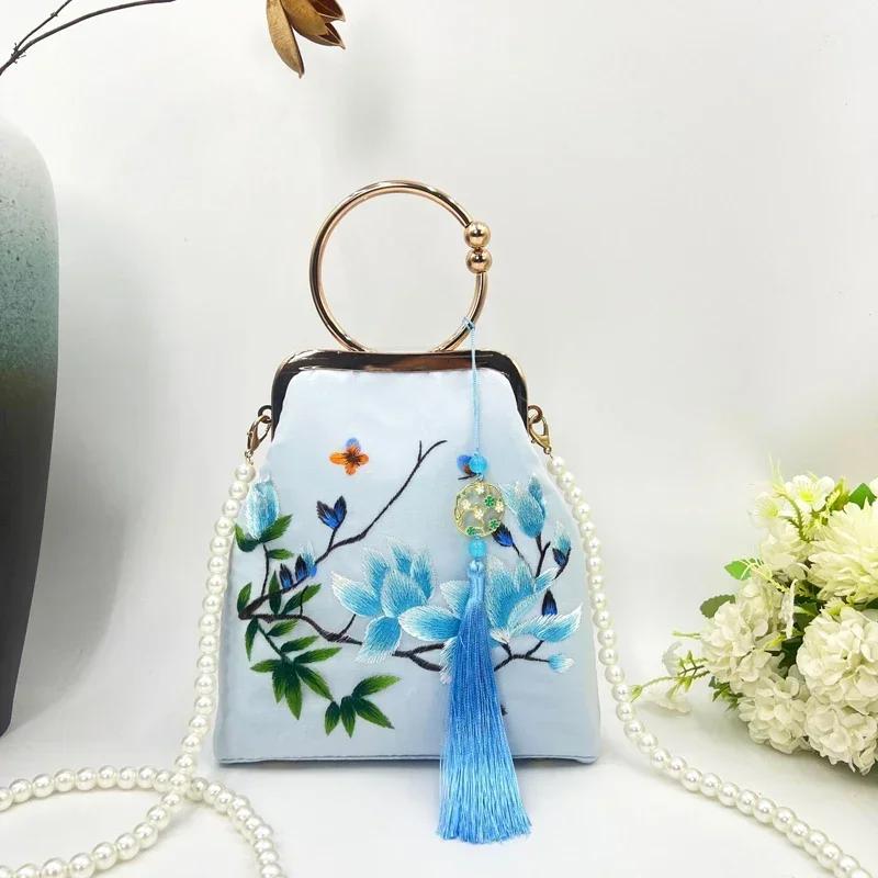Chinese Style Embroidered Handbag Retro Pearl Crossbody Bag Hanfu Qipao National Shoulder Purse for Women Wedding Evening