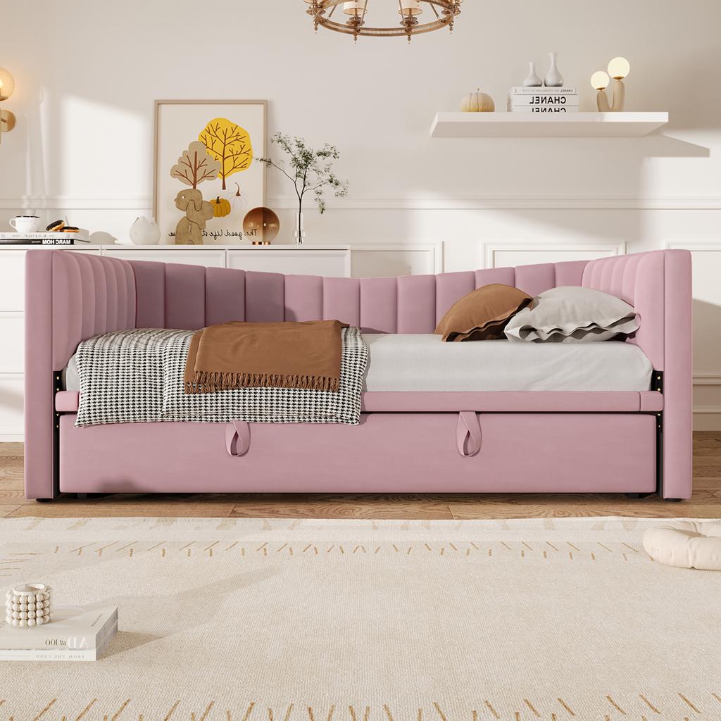 Daybed, 90 X 200 Cm (180 X 200 Cm) Upholstered Bed with Trundle Bed, Sofa Bed, Single Bed, Double Bed (Without Mattress), Velvet, Pink
