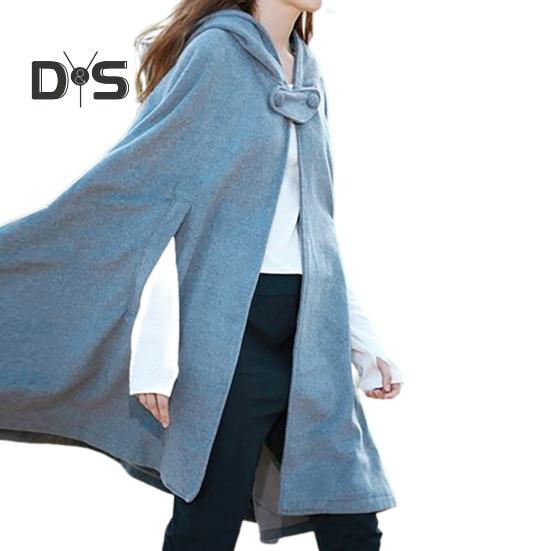 Winter Women Cape Coat with Hood Medieval Retro Cape Gothic Keep Warm Shawl Knee Length Loose Cloak Thick Single-Button Closure Outdoor Poncho Pirate