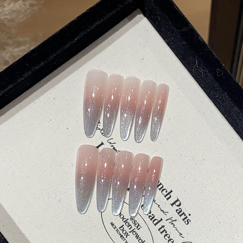 10pcs French Cat Eye Almond Press On Nails Handmade 3D Flower Long False Nails Artificial Nail Tips