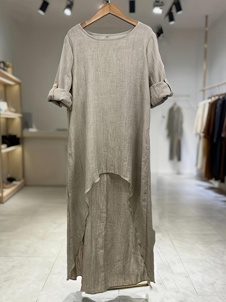 Damen Leinen Asymmetrisches Langes Oberteil - Rundhals Locker Sitzendes Hemd