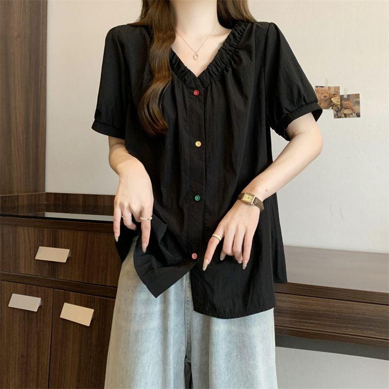 Colorful Button V-neck Women's Shirts Comfortable Casual Summer Blouse Korean Minimalist Versatile Ladies Clothing