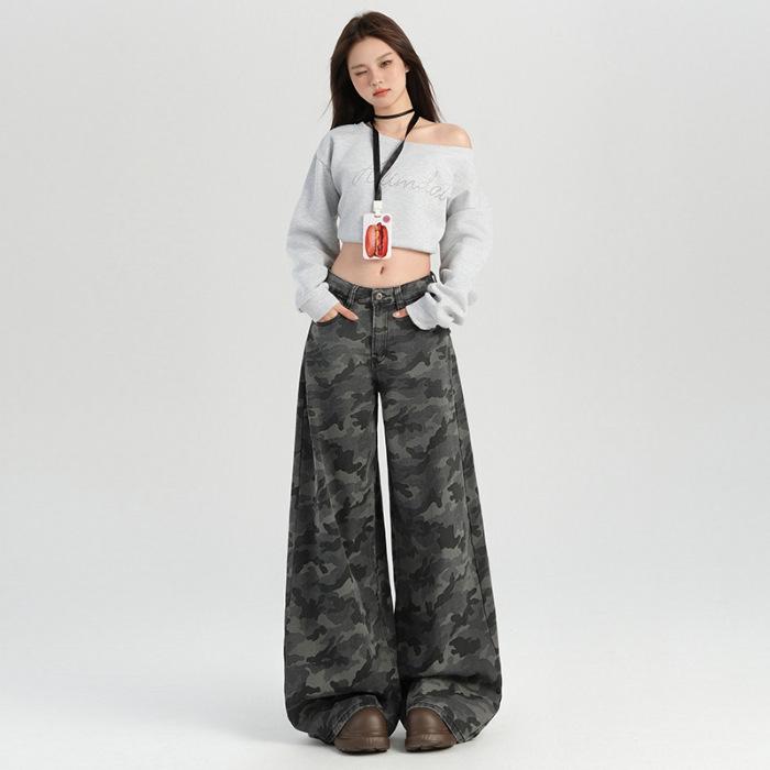 

Women s Grey High-Waist Wide-Leg Fleece-Lined Nine-Point Camouflage Pants for Autumn/Winter Extra Small