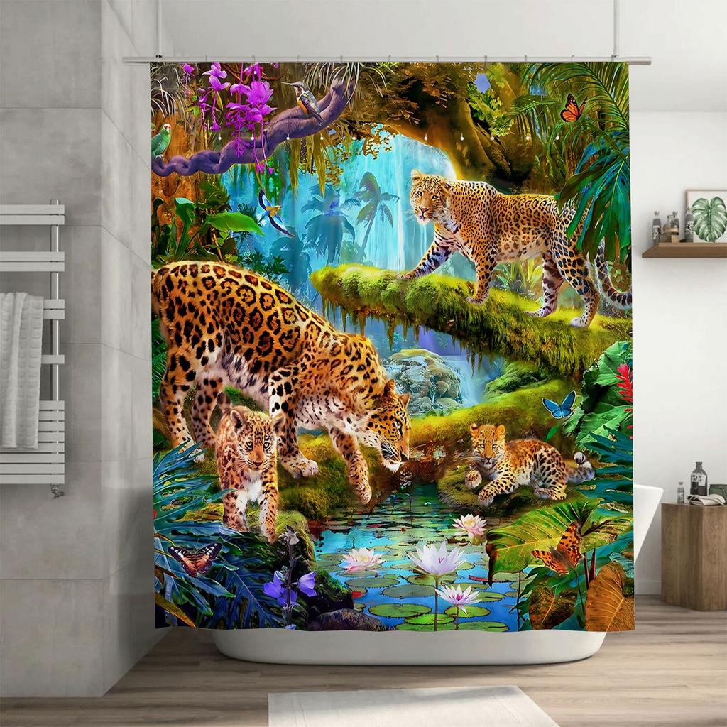 Tropical Rainforest Theme Waterproof Mold-proof Shower Curtain Home Decor Leopard Pattern Bath Curtain Creative Bathroom Item
