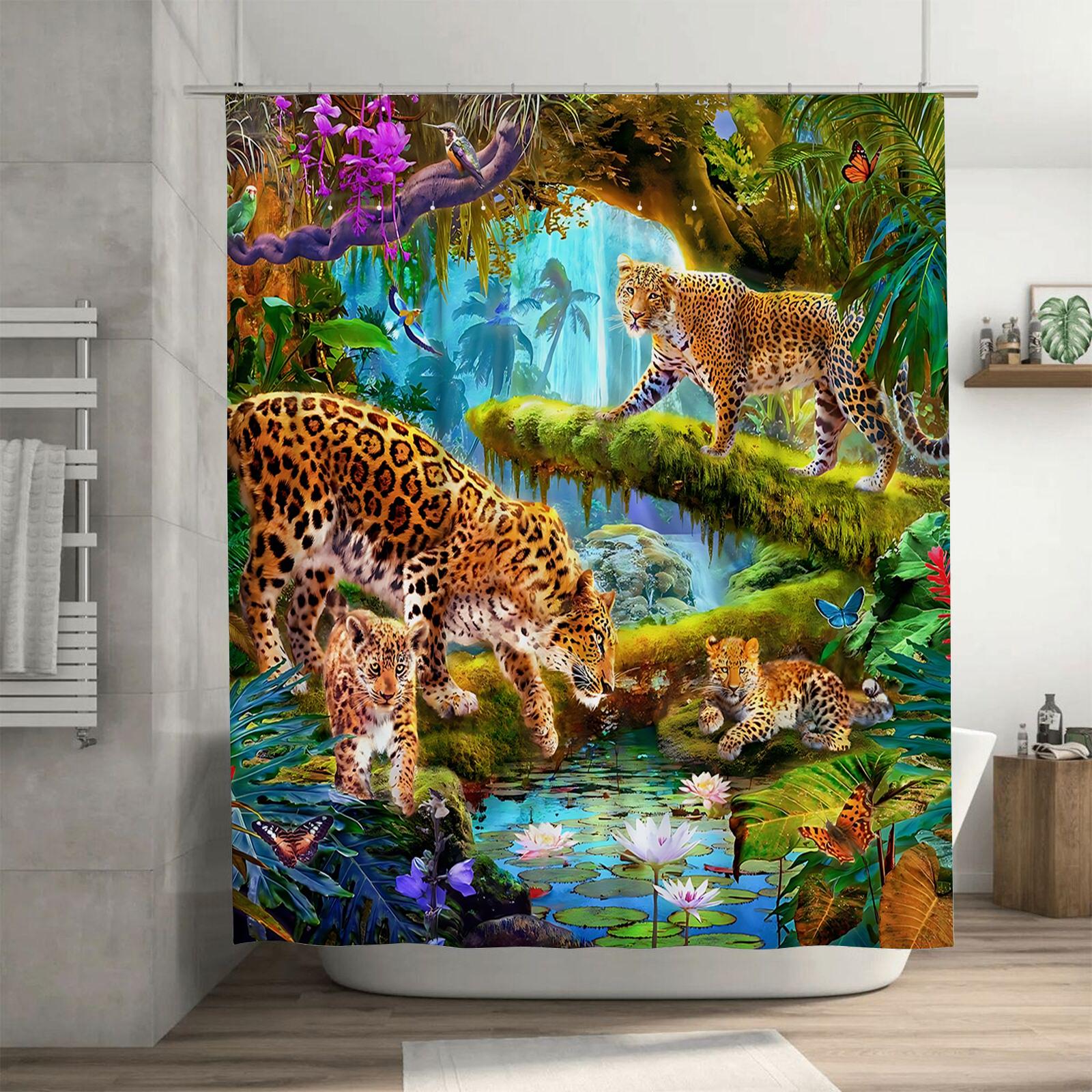 

Tropical Rainforest Theme Waterproof Mold-proof Shower Curtain Home Decor Leopard Pattern Bath Curtain Creative Bathroom Item 90X180cm(35x70in)