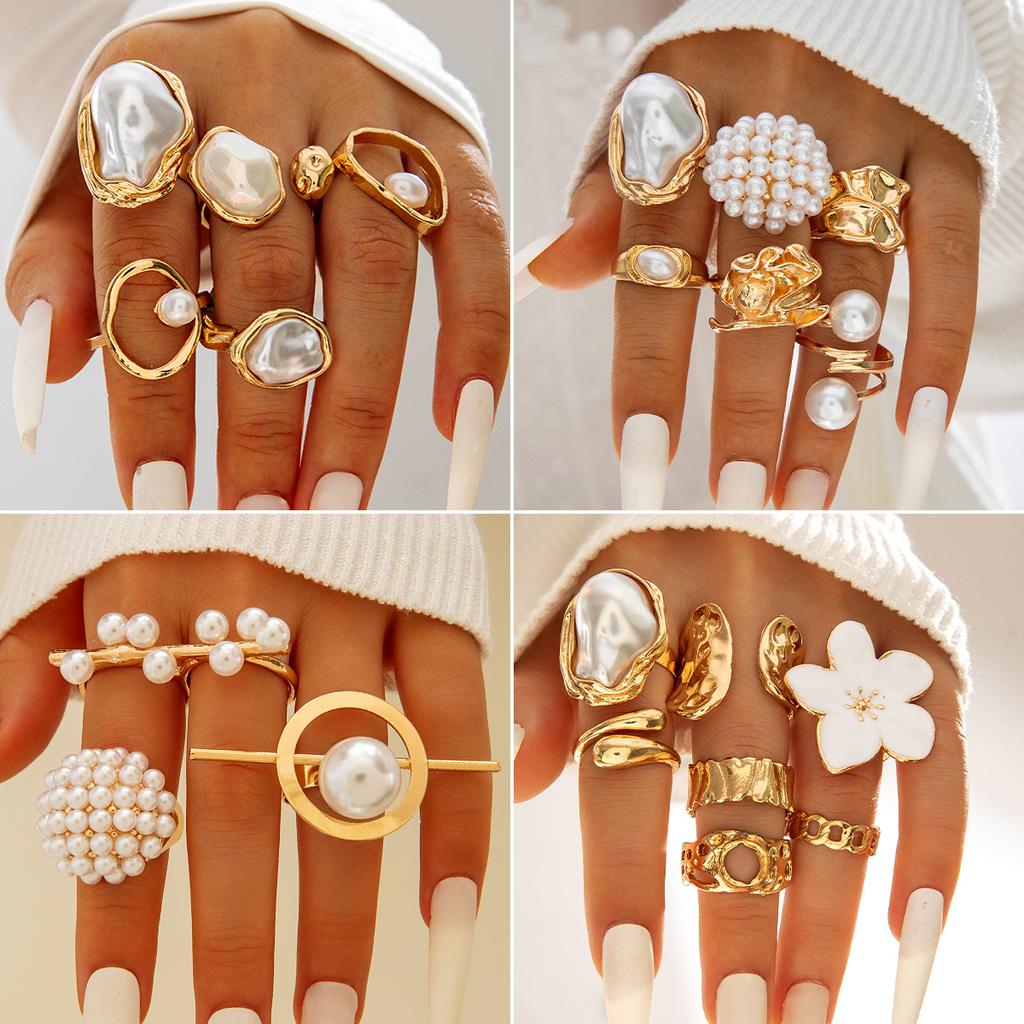 European and American design liquid lava flower opening ring ins baroque imitation pearl set gemstone ring