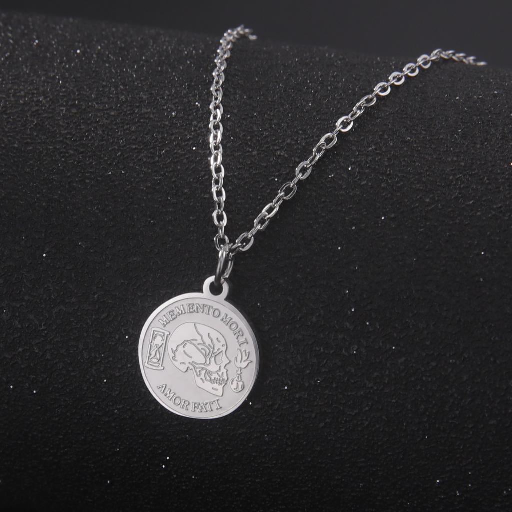 Titanium Steel Skull Coin Pendant Necklace Minimalist Punk Hip Hop Fashion Round Medallion Chain
