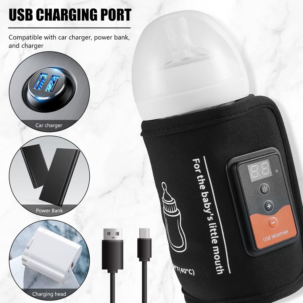 Baby Bottle Warmer USB Powered Feeding Bottle Heater with Adjustable Heating Temperature Portable Thermal Insulation Bag