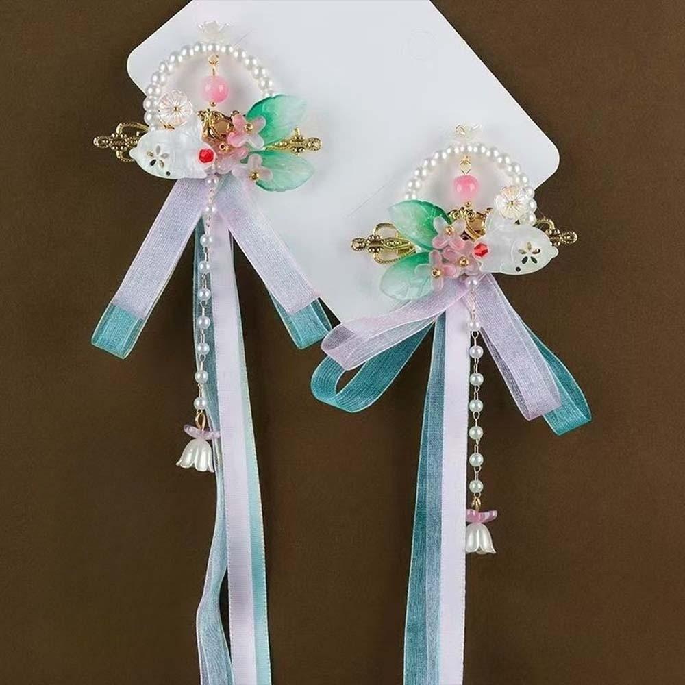 1 Pair Long Ribbon Hanfu Hair Clip Flowing Tassel Ribbon Bows Hairpin Hanfu Dress Up