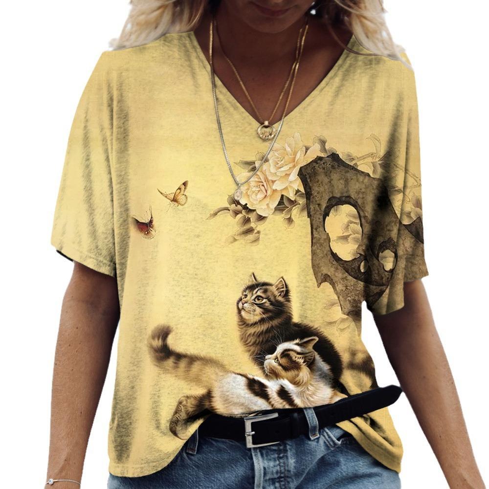 

2025 Лето Новая 3D Футболка с принтом кота Свободная Ретро Женская Футболка с V-образным вырезом и короткими рукавами в уличном стиле Повседневный Топ 5XL
