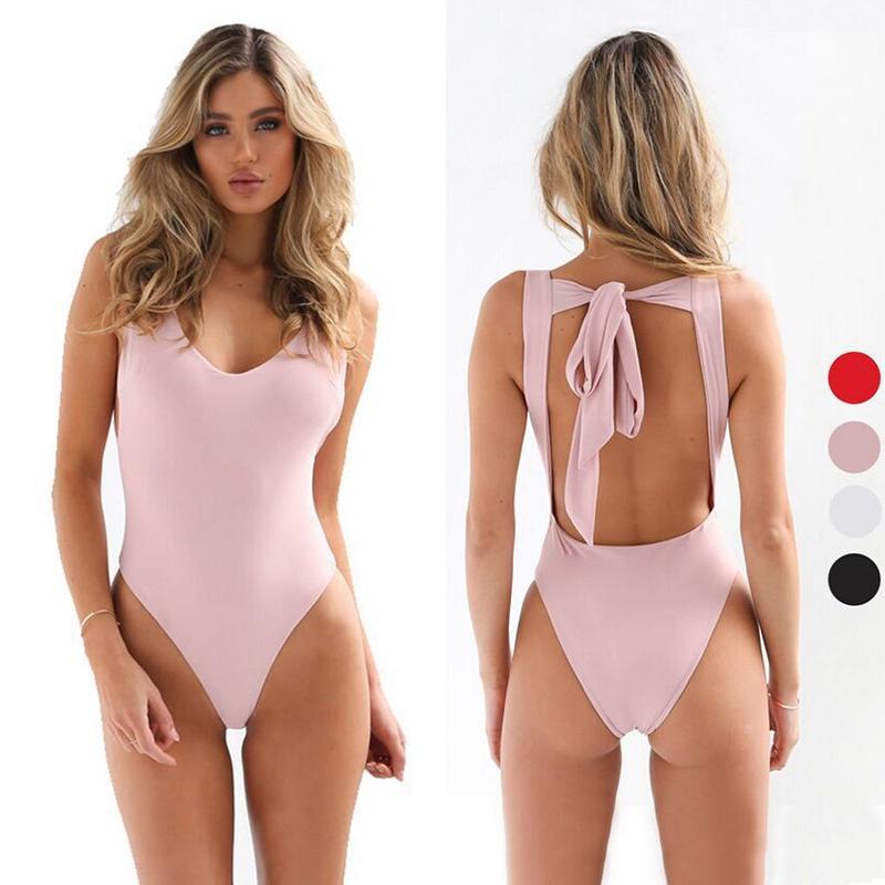 Elegant V Neck Backless Bandage Tie Knot One-piece Solid Swimsuit Swimwear For Women