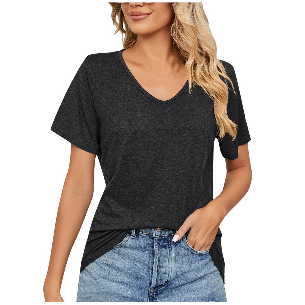Women's Fashion Casual Spring And Summer Solid Color V-neck Short Sleeve Loose Shirt Top