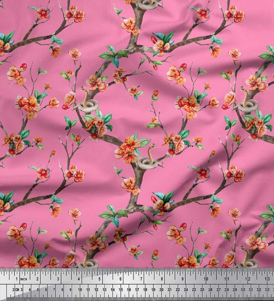 Soimoi Japonská krepová saténová látka Had, listy a květy, květinový potisk v metrech 42 palců