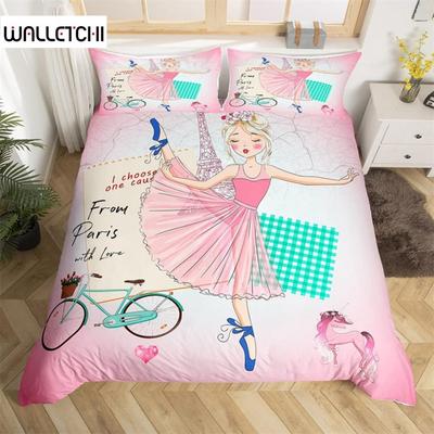 Juego de cama con funda de edredón y diseño romántico de la Torre Eiffel para niños y adolescentes, de microfibra, con diseño de unicornio y bailarina