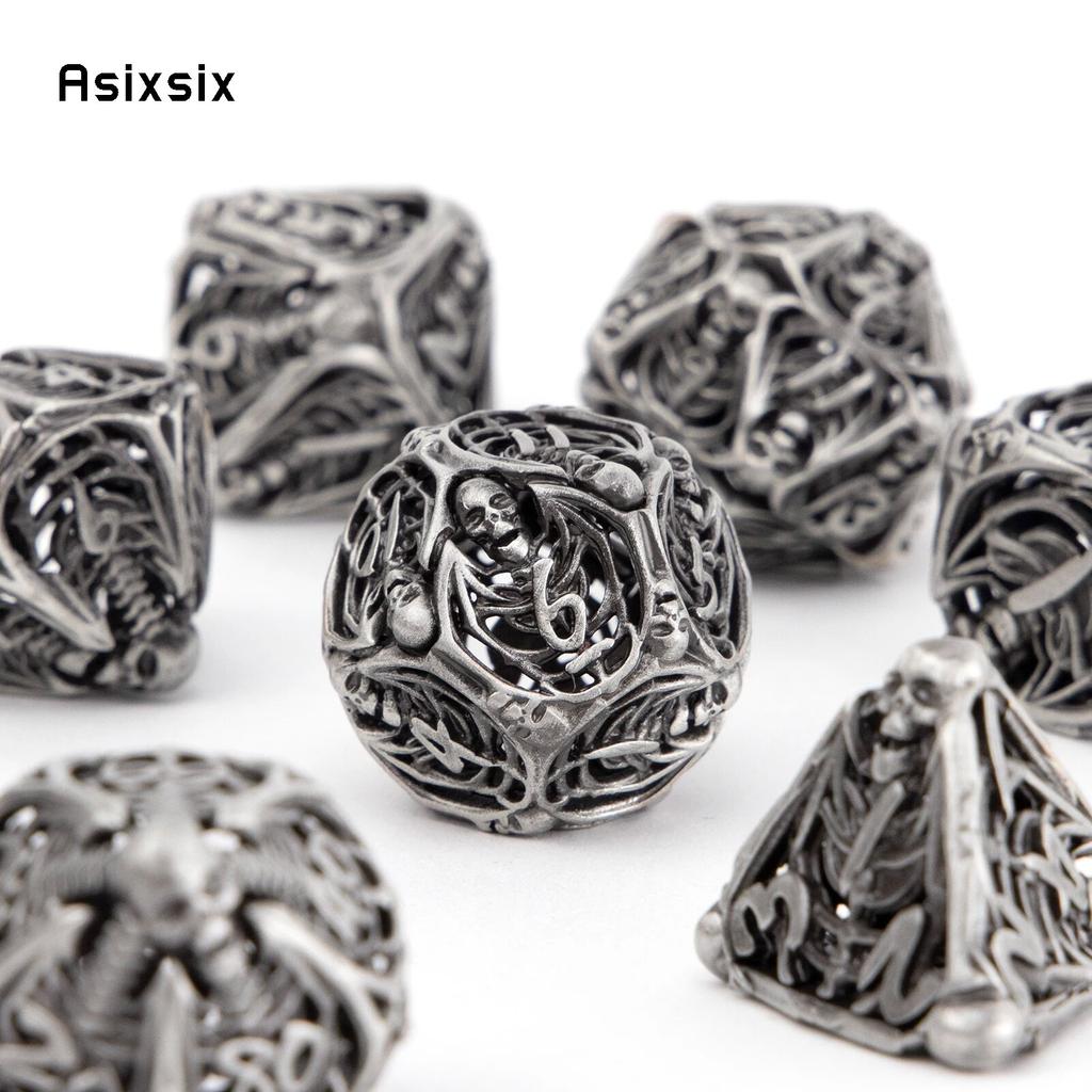 7 stk Sølv Hodeskalle Metallterninger Hule Metall Polyedriske Terninger Sett Egnet for Rollespill RPG Brettspill Kortspill