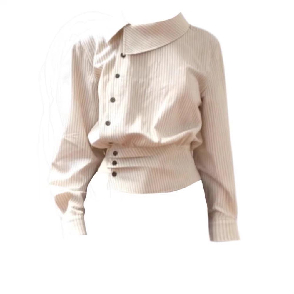 Korean Retro Striped Lapel Irregular Slim Fit Long Sleeve Women's Shirt - Autumn/Winter New Design