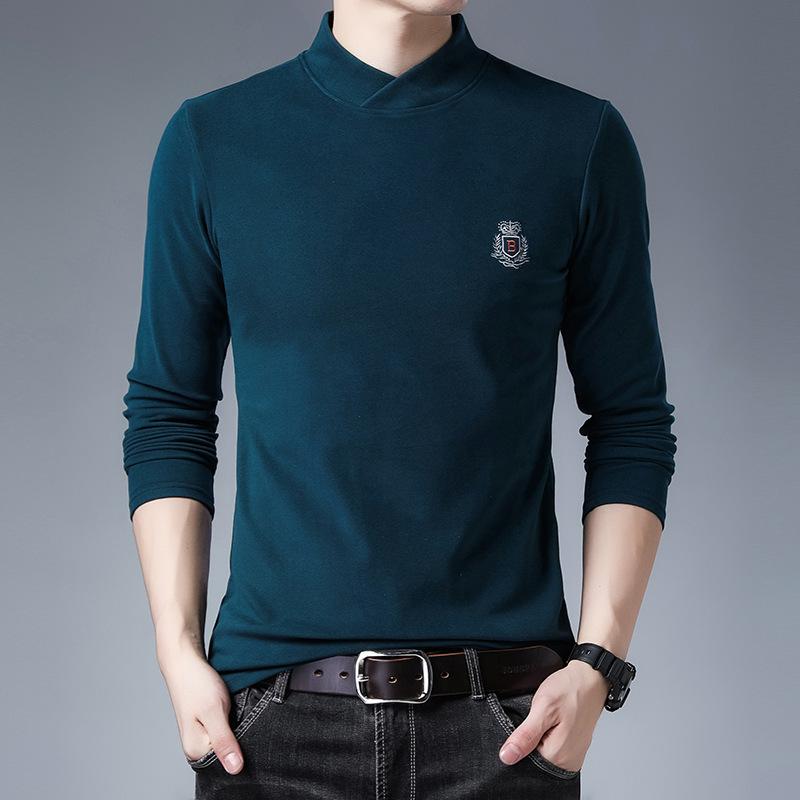 Spring and Autumn Double-sided Velvet Young and Middle-aged Solid Color Embroidered Stand Collar T-shirt Long-sleeved Fashion Men