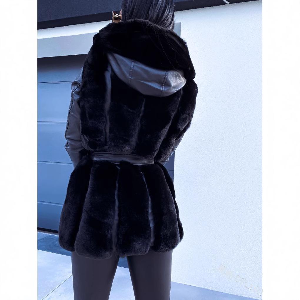 Hooded Zipper Fur Coat with Belt for Women - Solid Color, 2025 Collection