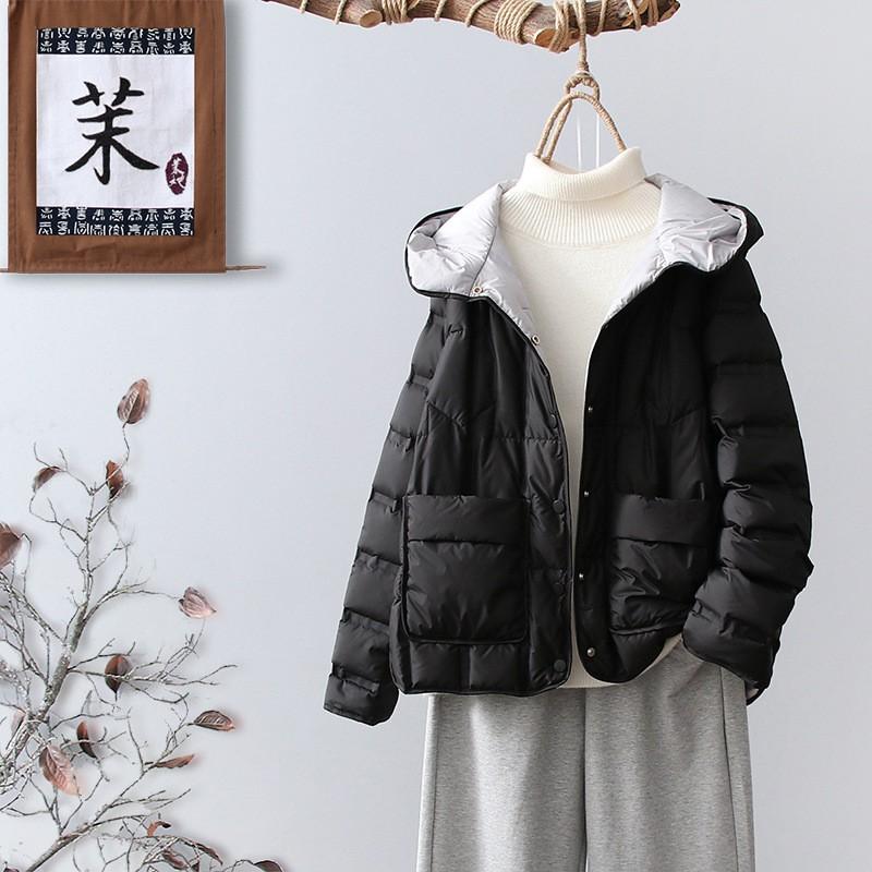 Womens Short Puffer Jacket With Hood Loose Fit Warm Duck Down Coat Winter Urban Casual Wear