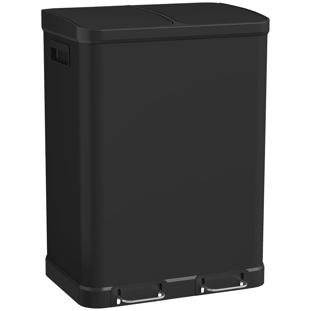 Kitchen Double Compartment Trash Can 2 X 30L With Stainless Steel Pedal Soft Close Lid Black
