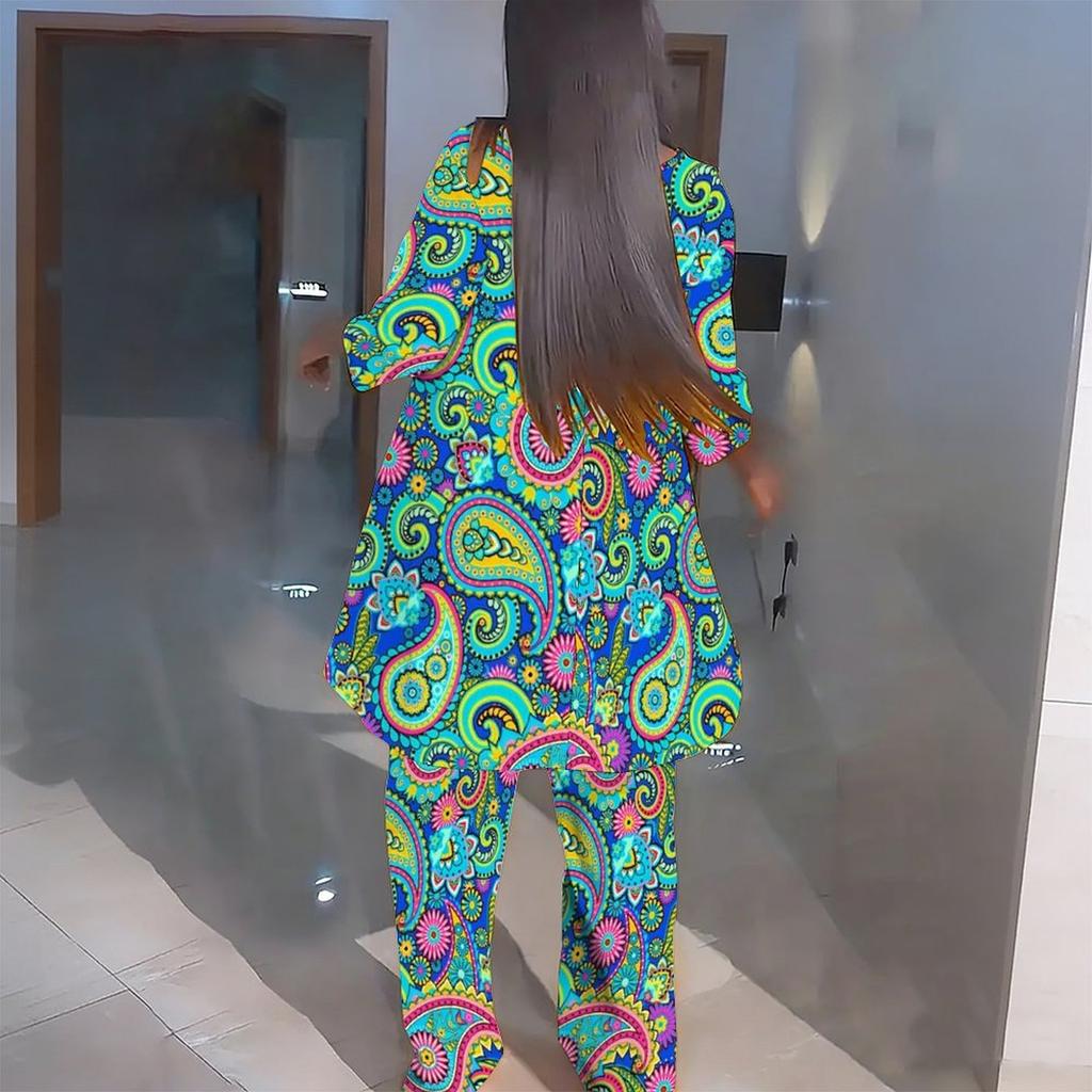 Women Plus Size Coordinated Two Piece Set Round Neck Three Quarter Sleeve Irregular Hem Top Printed Wide Leg Pants