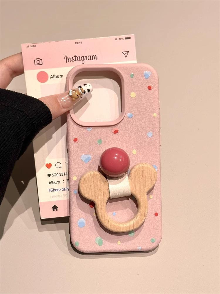 

The round leather ring Mickey bracket is suitable for Apple 15promax new iPhone16promax mobile phone case. apple 16e
