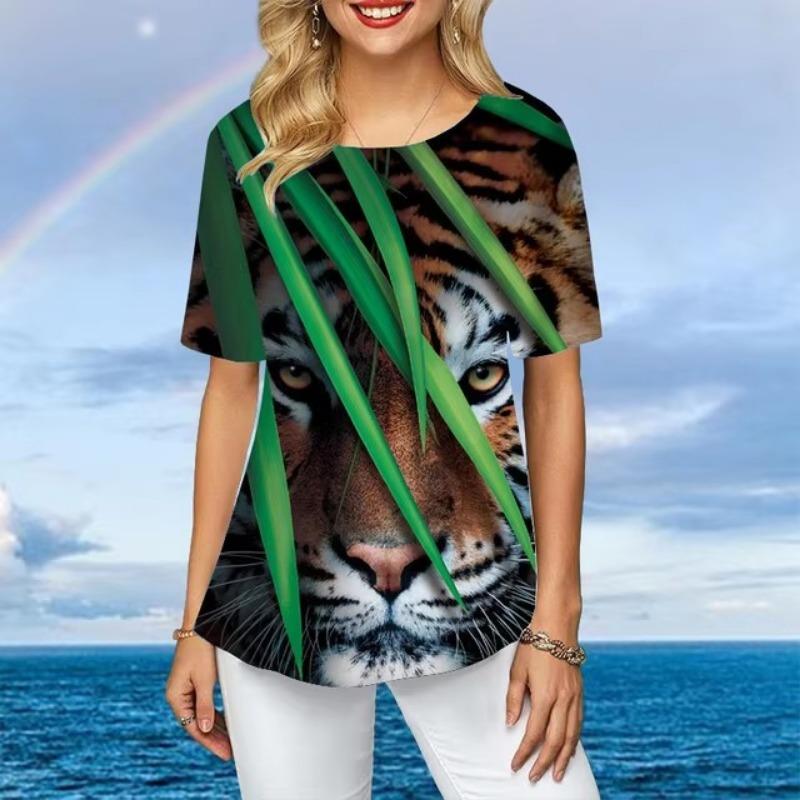 

Женская футболка больших размеров с коротким рукавом, свободные повседневные топы с цветным тигром и 3d принтом, женская нерегулярная летняя одежда XL