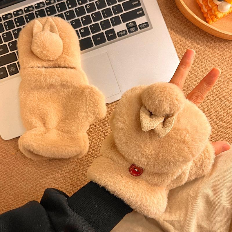 Cute Plush Rabbit Flip Open Finger Half Finger Plush Thickened Girl Cold