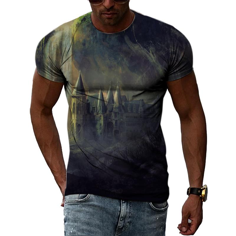 Zajímavé Kreativní Kresba Hrad Krajina Muži Trička 3D Móda Ležérní Osobnost Hip Hop Harajuku Potisk Tričko s krátkým rukávem