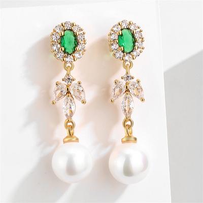 Boucles d'oreilles coréennes en zircon émeraude de luxe légères, boucles d'oreilles simples et longues en perles pour femmes
