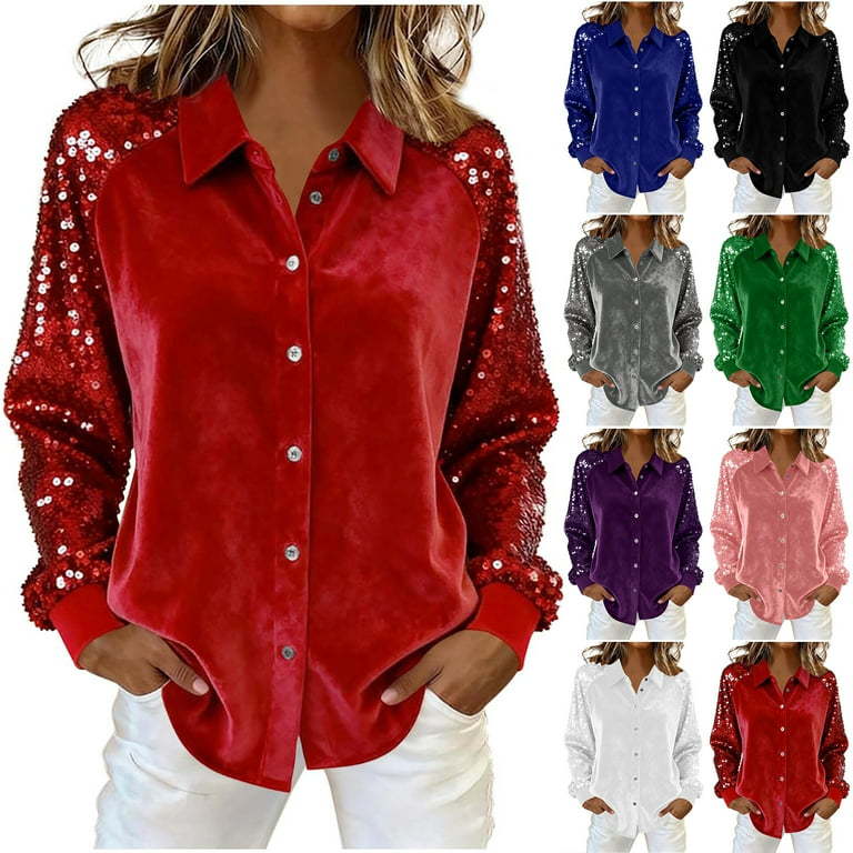 Haut chemise ample à manches longues en velours avec empiècements à paillettes pour femme - Automne