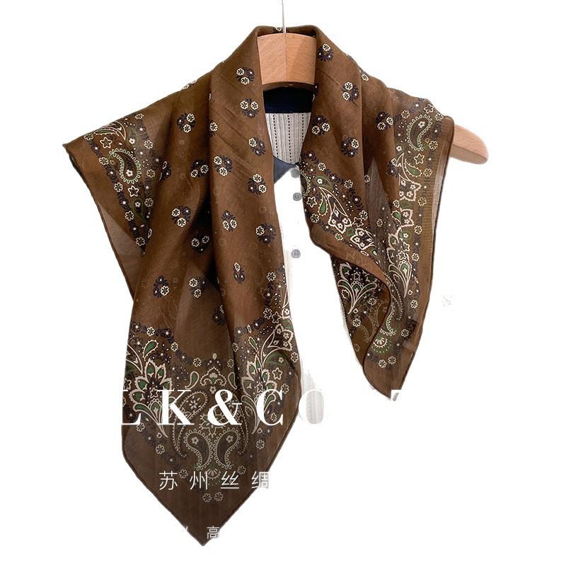 Fashion versatile cashew nut silk pure cotton blended 71 square scarf retro high-end Korean version women's silk cotton silk scarf decoration