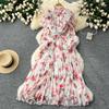 French Haute Couture Floral Printed Chiffon Dress  Spring New Ruffled Edges Slim Waist Elegant Pleated Long Dresses
