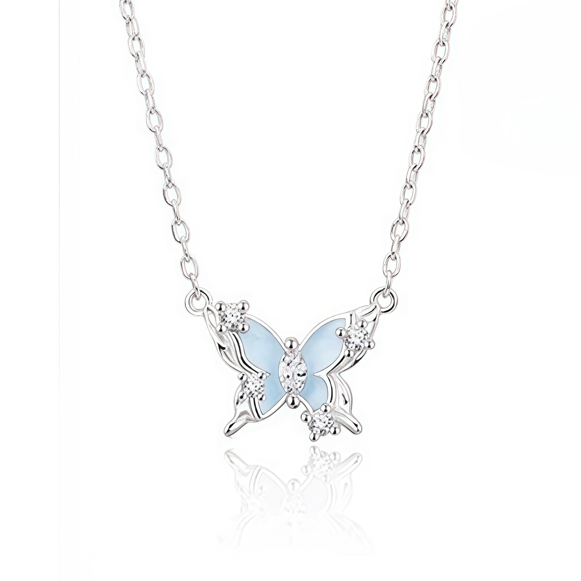 S999 Sterling Silver Luminous Butterfly Necklace - Elegant Design, High-Grade Clavicle Chain, Perfect Gift for Girlfriend s Birthday. S925 Luminous Butterfly Necklace - Platinum